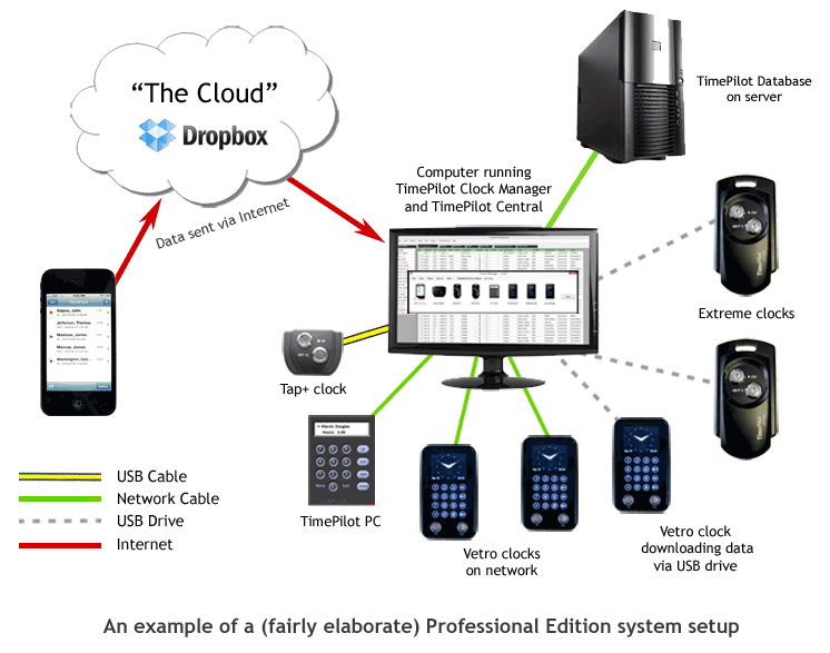 A diagram of a fairly elaborate Professional Edition setup. Many installations will have simpler arrangements with fewer clocks.