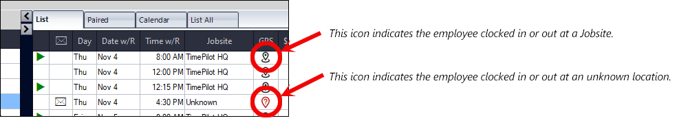 One of two icons will appear with a transaction that has GPS coordinates attached. One icon indicates the transaction was within a geofence; the other indicates it occurred outside a geofenced area.