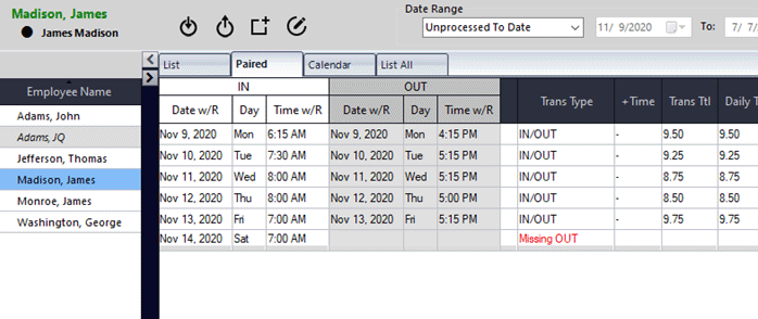 Viewing an employee's paired transactions can make it easier to ensure that they didn't forget to clock in or out.